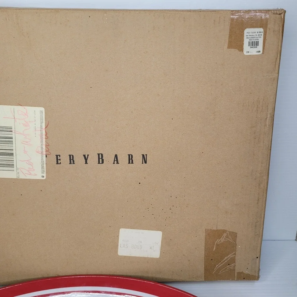 Pottery Barn New Old Stock BBQ Burger Serving Tray Plastic Red White 15x20 w Box